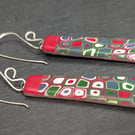 Red and green patterned drop earrings