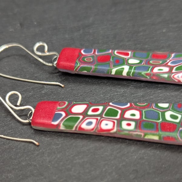 Red and green patterned drop earrings