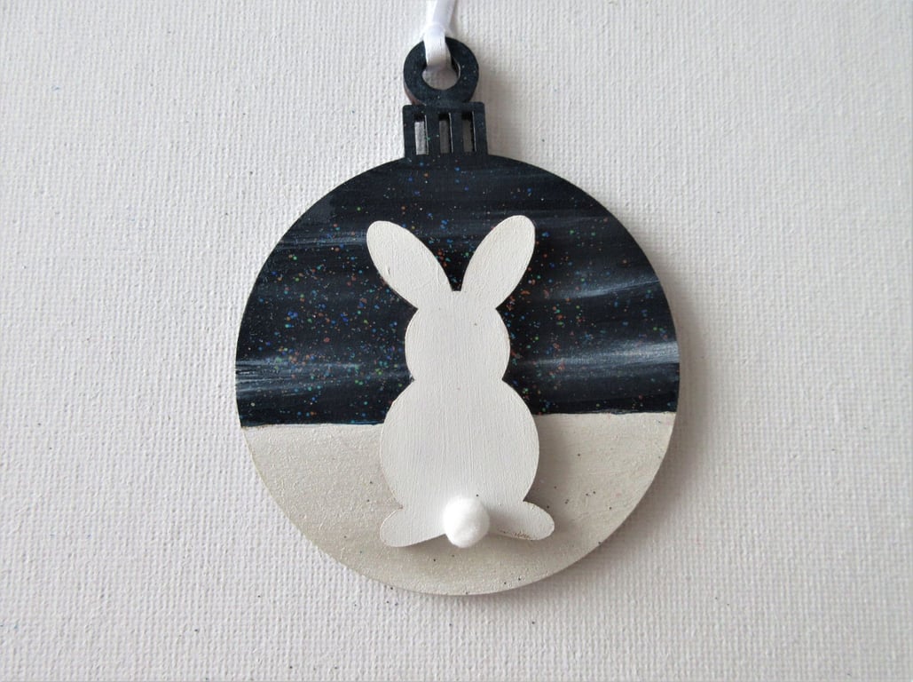 Hanging Decoration Christmas Tree Bauble Bunny Rabbit Midnight Snow Scene