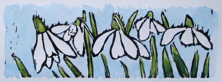 Snowdrops, Winter Flowers  - Original Hand Pressed Linocut with Watercolour