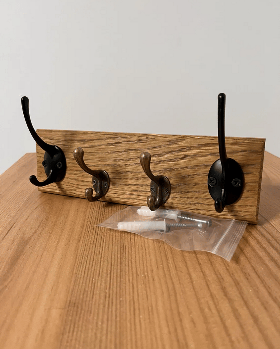 Oak Coat Rack with Four Metal Hooks