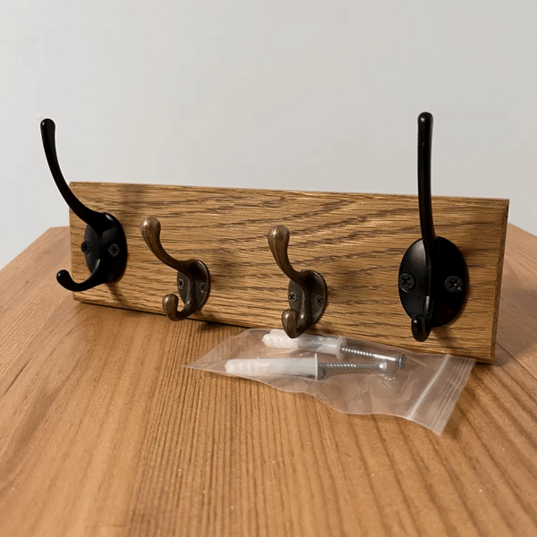 Oak Coat Rack with Four Metal Hooks