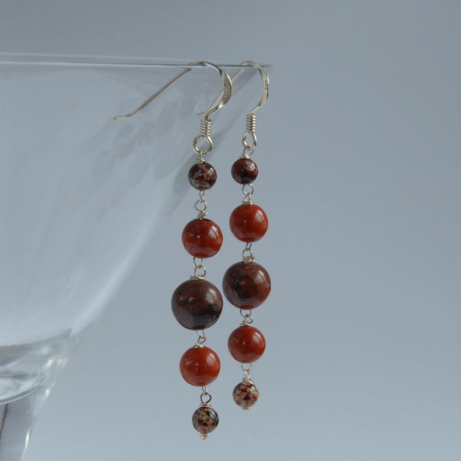 Warm brown jasper and sterling silver long dangly earrings