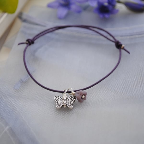 Friendship Bracelet-Purple leather & silver butterfly