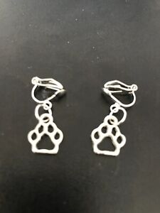 clip on earrings with paw print  tibetan silver charm