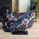 Upcycled Denim and Retro Print Chenille Large Cross Body Dumpling Bag 