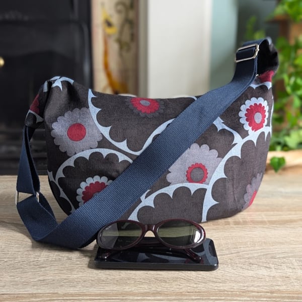 Upcycled Denim and Retro Print Chenille Large Cross Body Dumpling Bag 