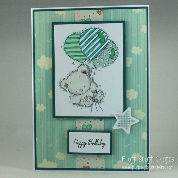 Handmade birthday card - teddy with balloons