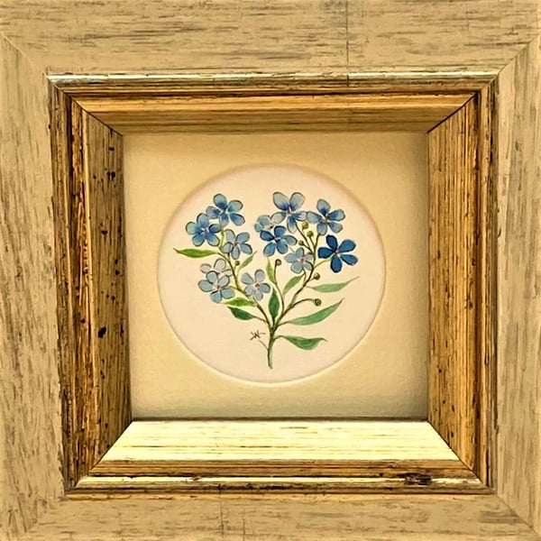 Small original framed painting, blue Forget-me-not flowers, signed watercolour.
