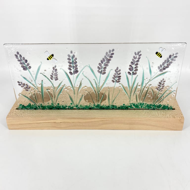 Lavender & Bees - Fused Glass Panel set in a piece Hand Crafted Wood