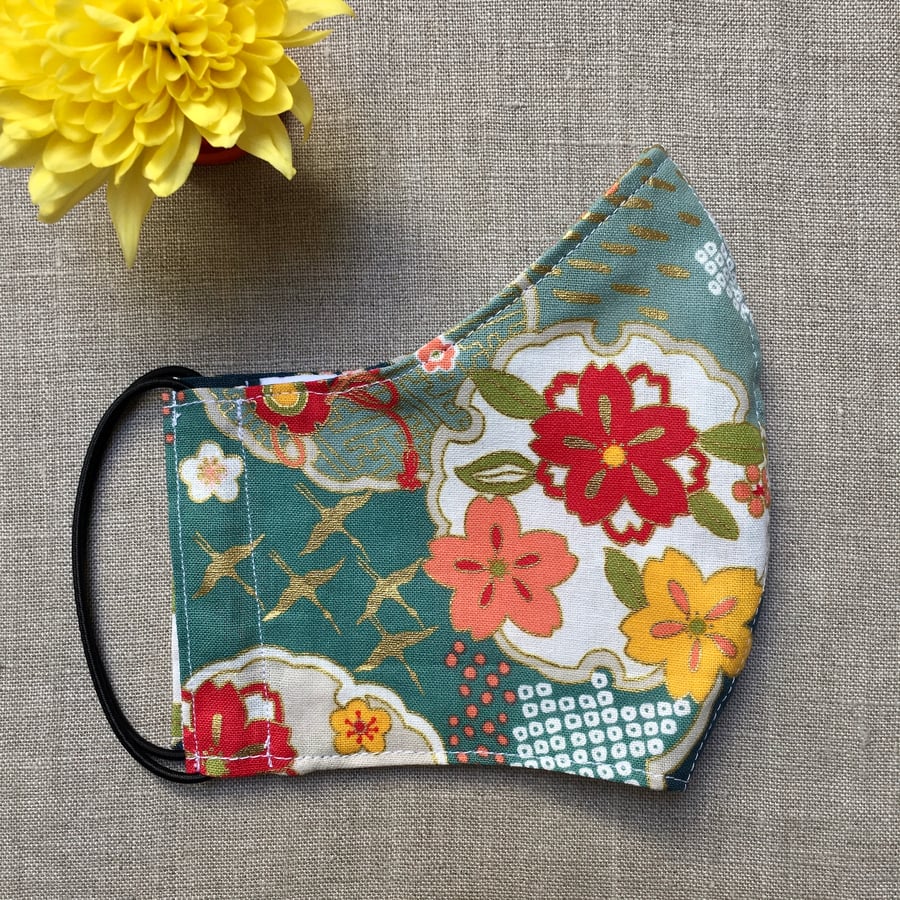 Japanese Snowflakes Flowers Teal Cotton Reusable Face Mask Men Women Children