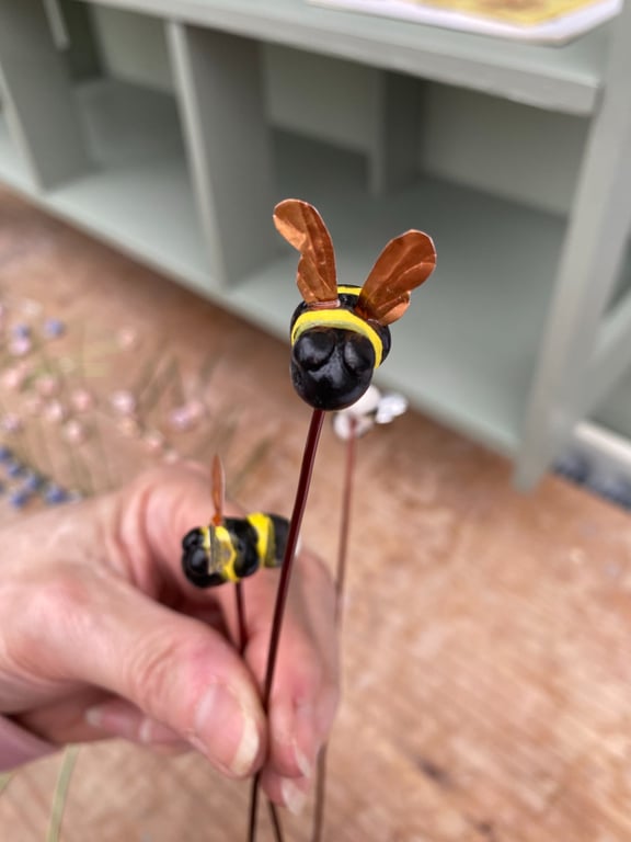 Handmade Ceramic Bumble Bee Plant Stake: Garden Decor, plant pot stick