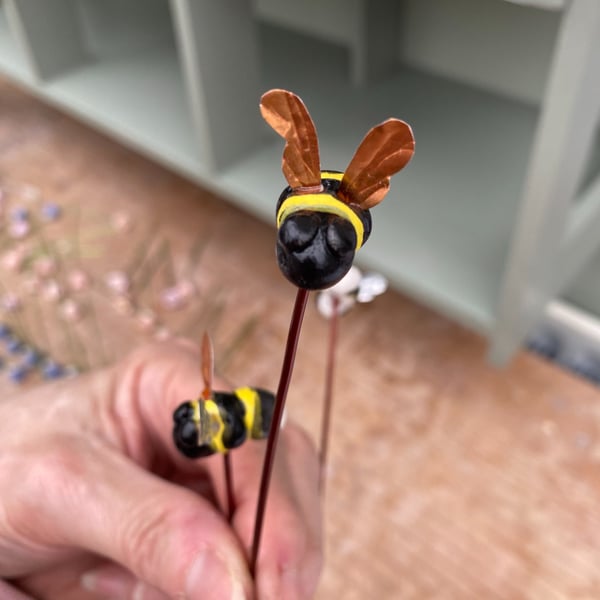 Handmade Ceramic Bumble Bee Plant Stake: Garden Decor, plant pot stick
