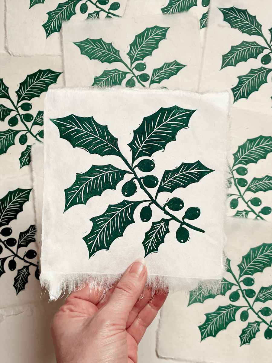 Green Holly Branch Original Lino Print – Handmade Paper Botanical Print
