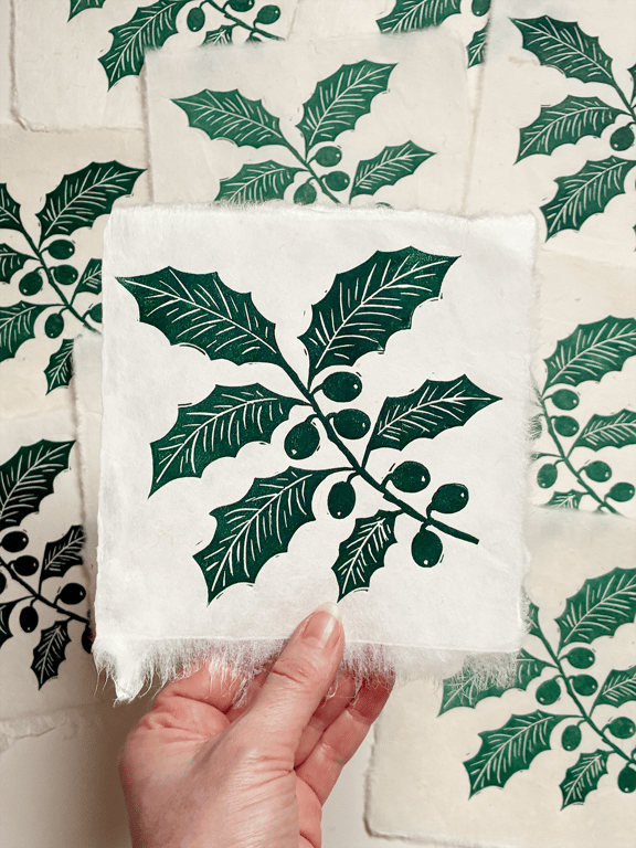 Green Holly Branch Original Lino Print – Handmade Paper Botanical Print
