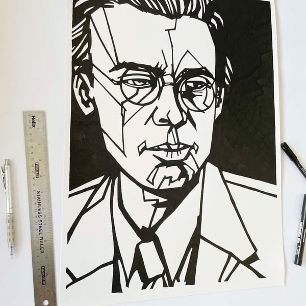 ALDOUS HUXLEY original ink drawing, Large scale black and white artwork