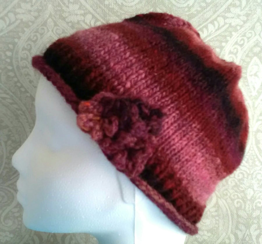 Handknit Noro 3-flower Roll up Beanie Hat 100% wool browns terracotta pink SMALL