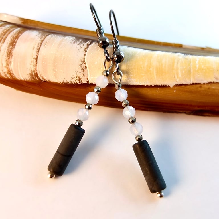 Picasso Jasper Earrings With Blue Chalcedony And Pyrite - Handmade In Devon