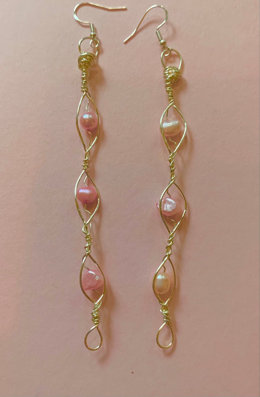 Handcrafted baby pink pearl and silver earrings.  Unique gift.  Gemini birthsto.
