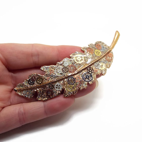 Steampunk Feather Hair Clip, Handmade Gold Metal Hair Decoration with Cogs