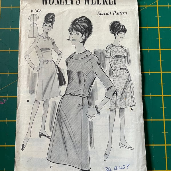 60s Raglan Sleeve Princess Seam Dress Womans Weekly B306 Sewing Pattern 34" Bust