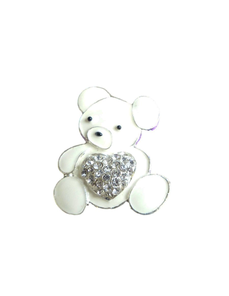 White Enamel Teddy Bear Clear Diamante Crystal Heart Embellishment