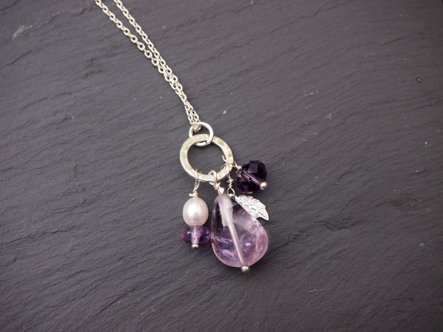 Amethyst, pearl and silver pendant
