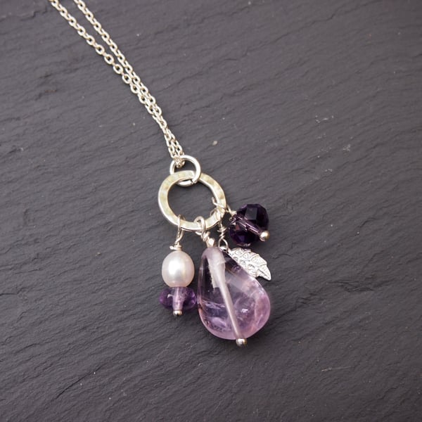 Amethyst, pearl and silver pendant