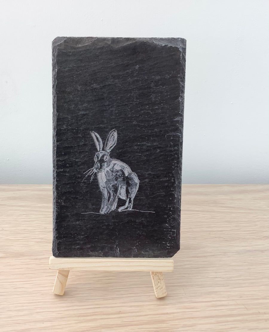 Sitting Hare - original art hand carved on recycled slate