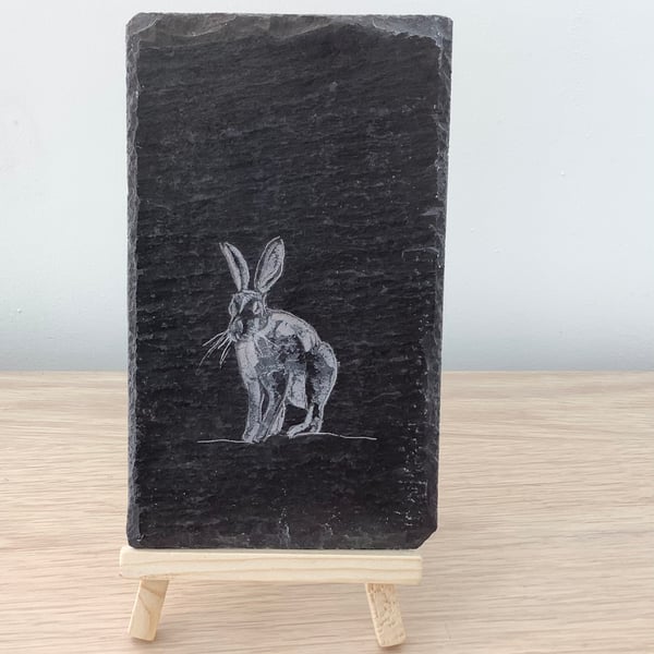 Sitting Hare - original art hand carved on recycled slate