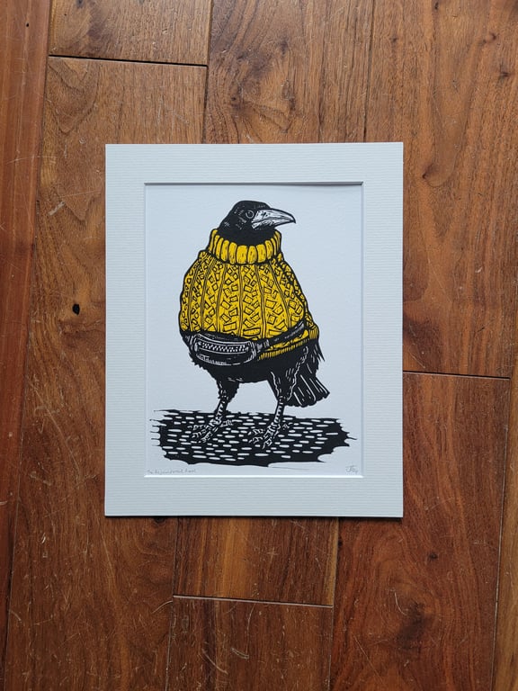 Rook wearing a mustard yellow jumper - handmade linocut bird art print