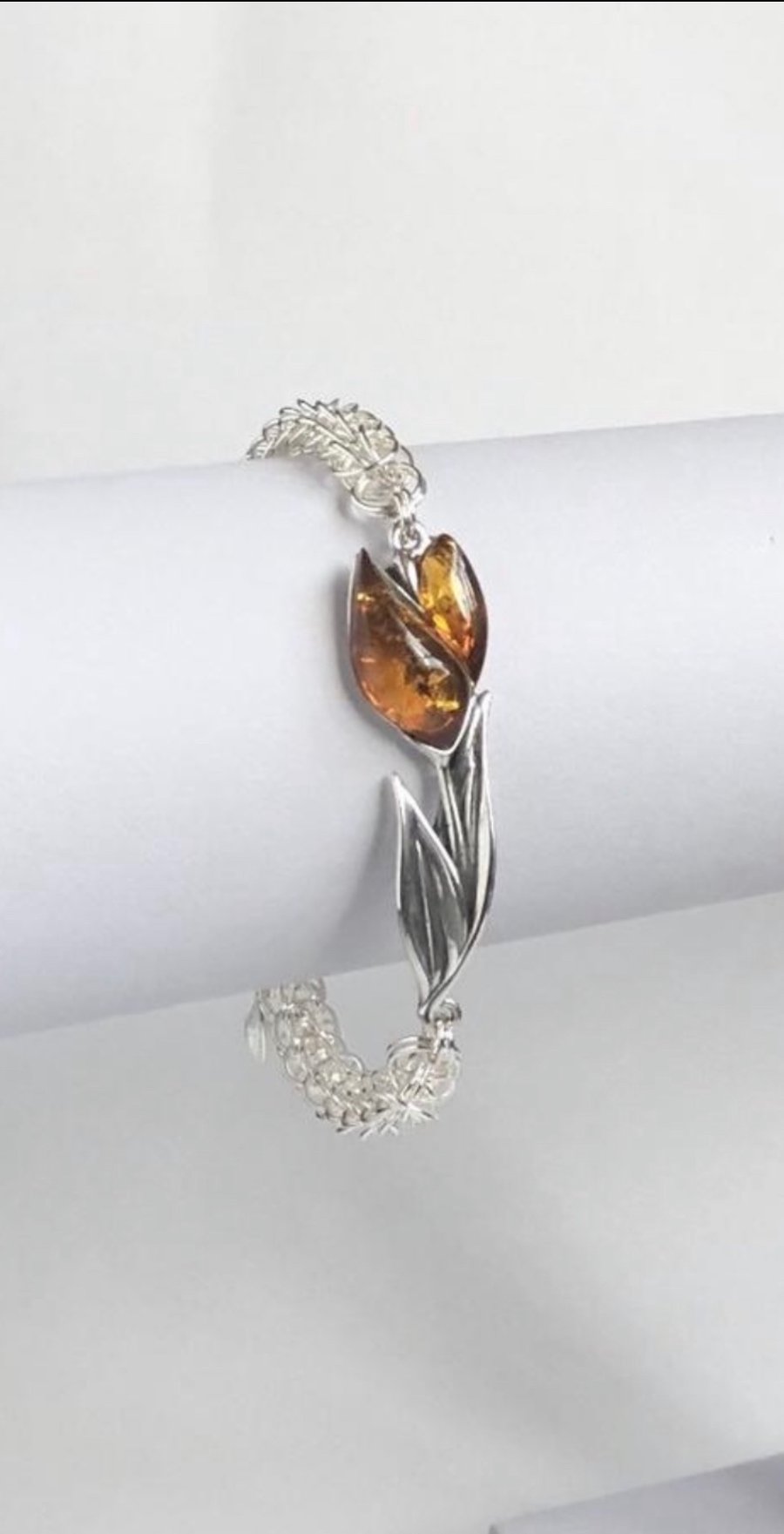 Sterling Silver Amber Tulip Chainmaille Bracelet - Last One Available 