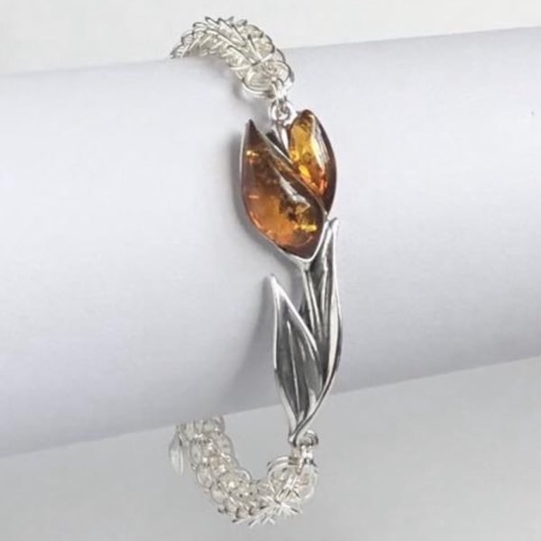 Sterling Silver Amber Tulip Chainmaille Bracelet - Last One Available 