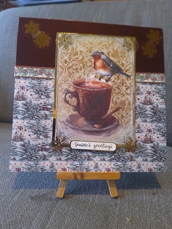 Bird on Coffee cup Christmas card handmade