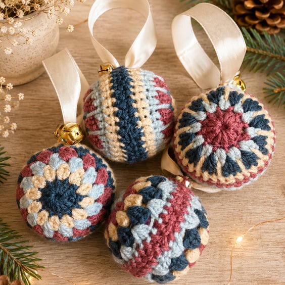 Set of 4 Handmade Crochet Christmas Baubles - Colourful Tree Ornaments 