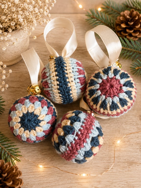 Set of 4 Handmade Crochet Christmas Baubles - Colourful Tree Ornaments 