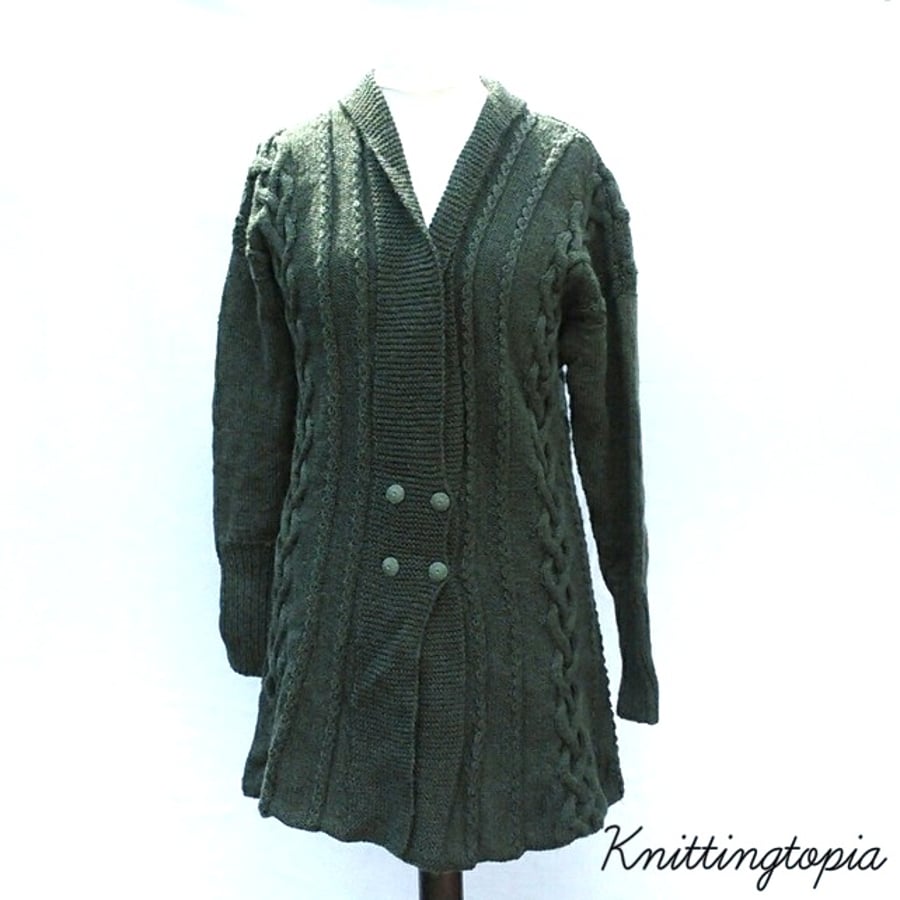 Hand knitted ladies green fit n flared aran style jacket cardigan with cables 
