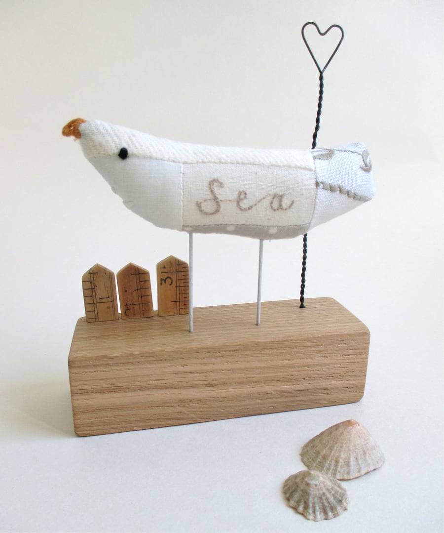SALE - Fabric Sea Bird - Seagull with Wire Heart and Little Recycled Ruler Huts