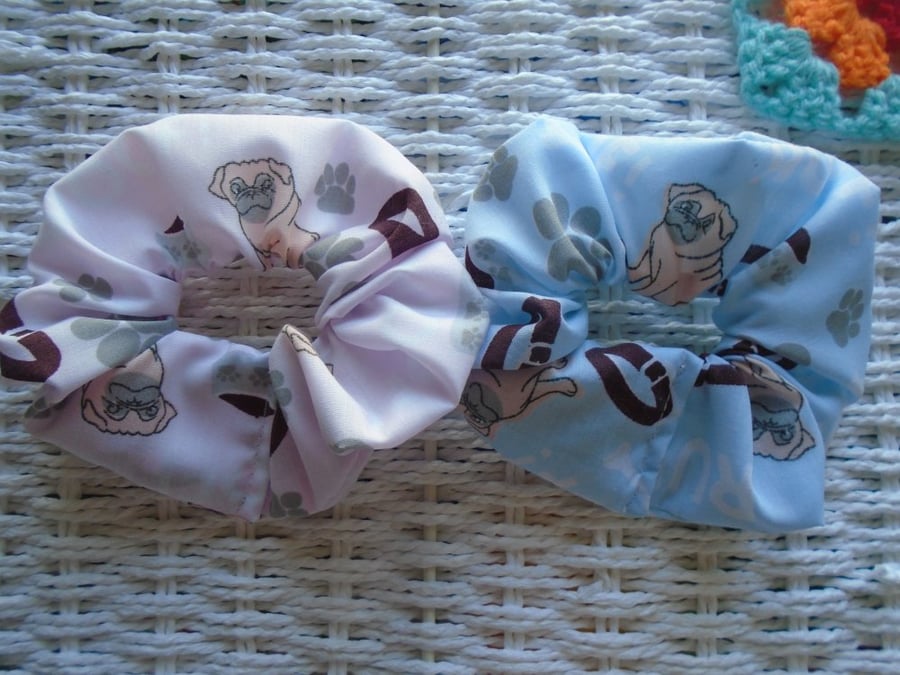 Pug Themed Hair Scrunchies Pack Of 2.