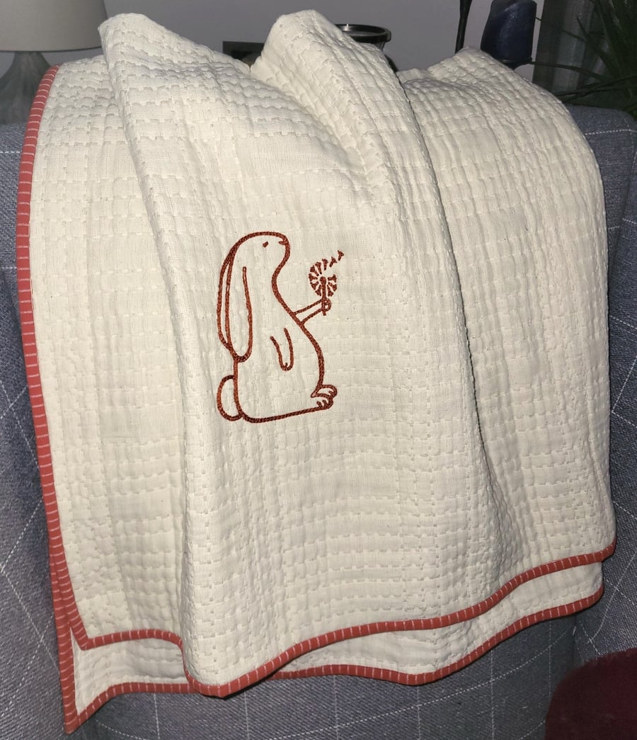 Embroidered Rabbit Ecru Cot Blanket Organic Cotton Heirloom
