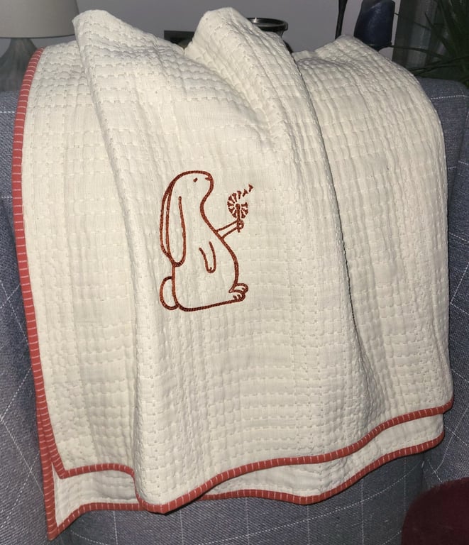 Embroidered Rabbit Ecru Cot Blanket Organic Cotton Heirloom