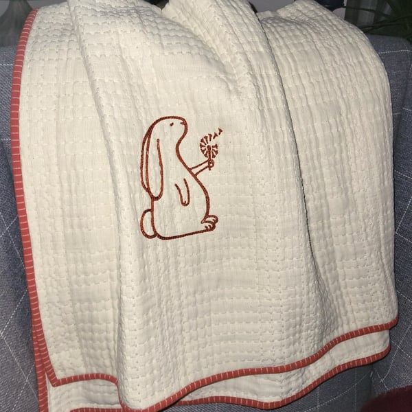 Embroidered Rabbit Ecru Cot Blanket Organic Cotton Heirloom
