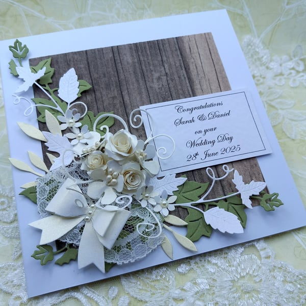 Handmade Wedding Day or Anniversary Card - Personalised - Boxed - 3D