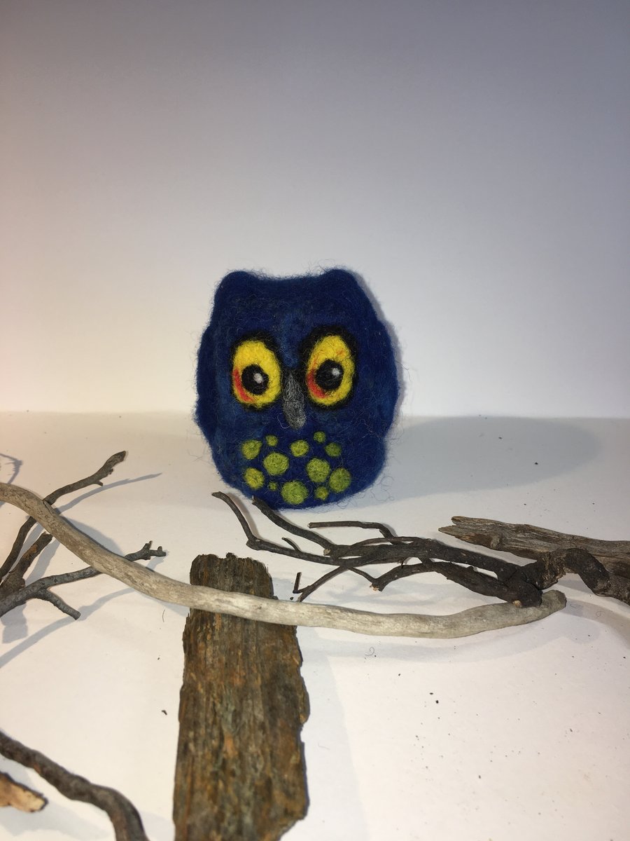  Blue needle felted owl perfectly imperfect