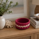 Handmade Deep Coiled Macrame Basket - Burgundy & Cream Decorative Basket