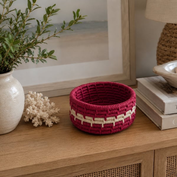 Handmade Deep Coiled Macramé Basket - Burgundy & Cream Decorative Basket