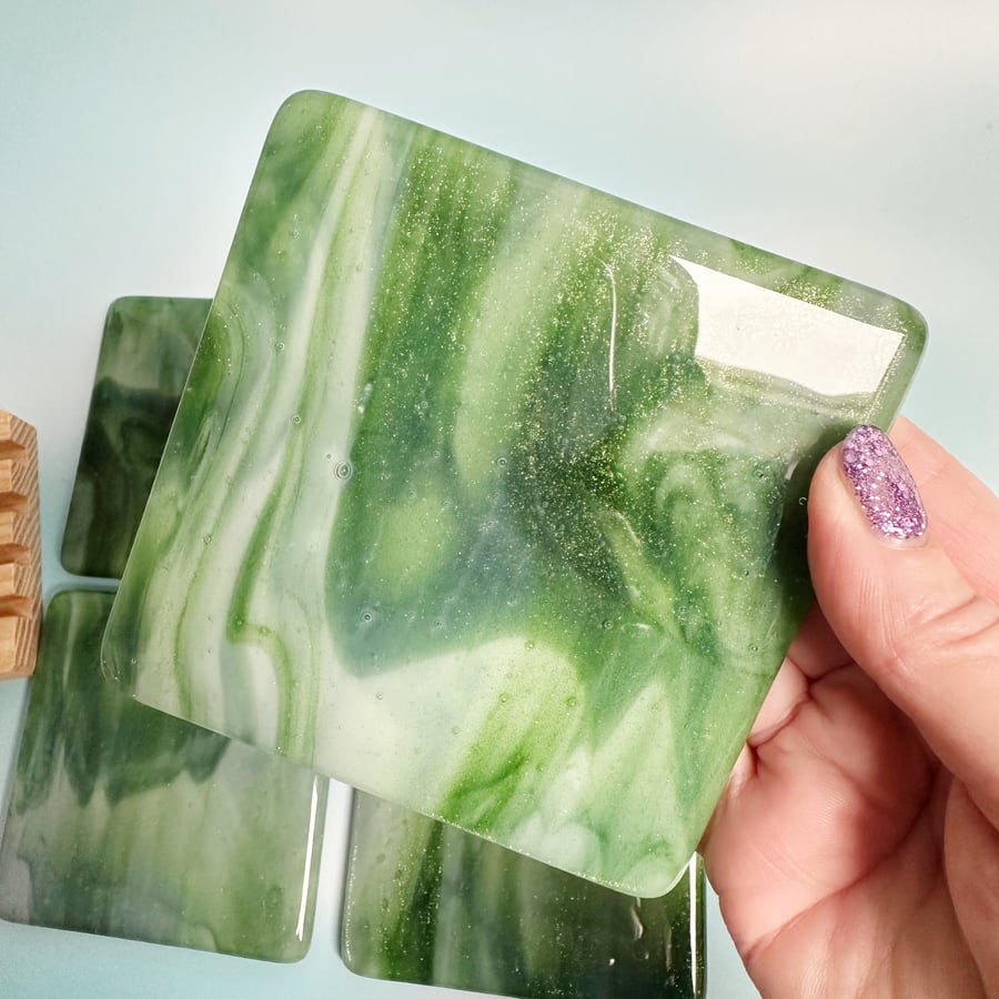 Set of 4 Fused Glass Coasters-Green & White Streaky