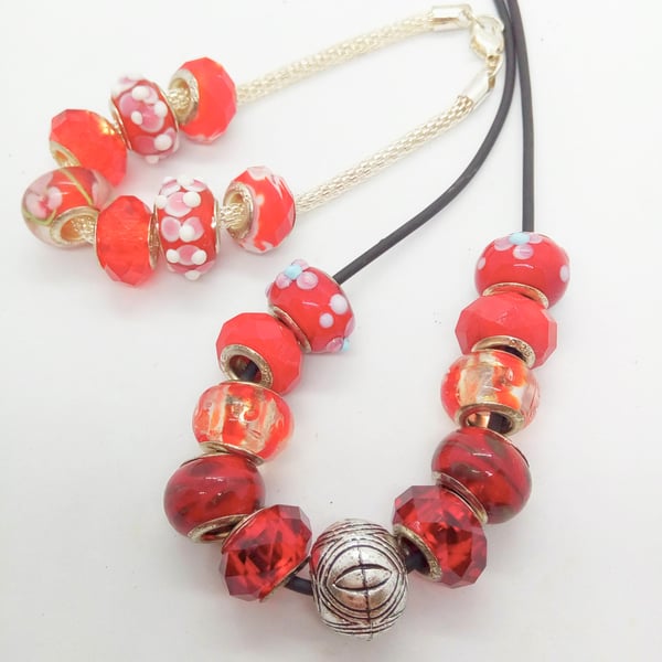 Red Lampwork  and Silver Spacer Bead Necklace and Bracelet Set, Mothers Day Gift