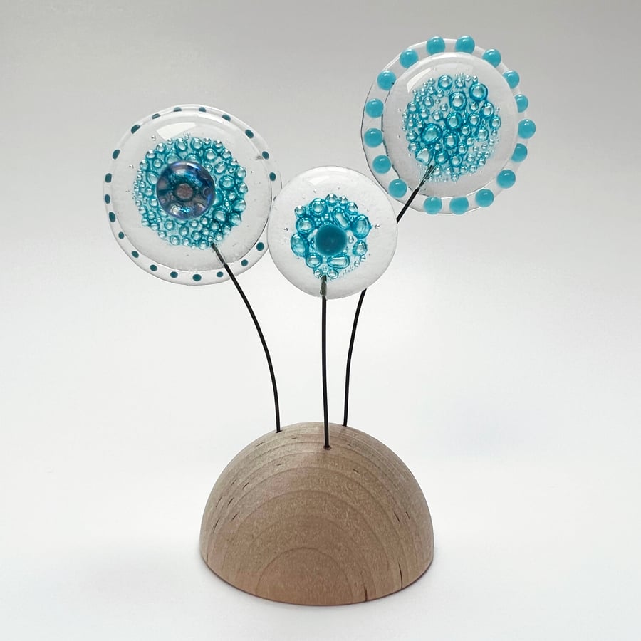 Fused Glass Moon Flowers (Turquoise 1) - Handmade Fused Glass Sculpture