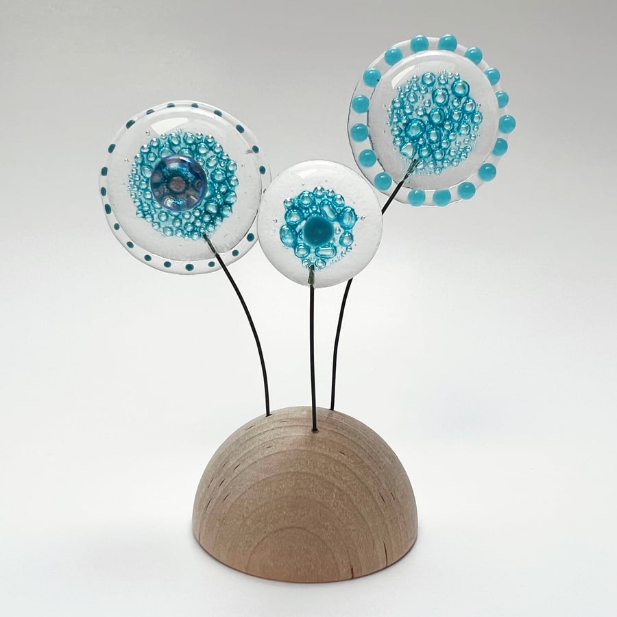 Fused Glass Moon Flowers (Turquoise 1) - Handmade Fused Glass Sculpture